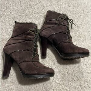 Calvin Klein Women's Size 7 1/2 Lace Up Dizzy Faux Fur Suede Heel Boots Brown